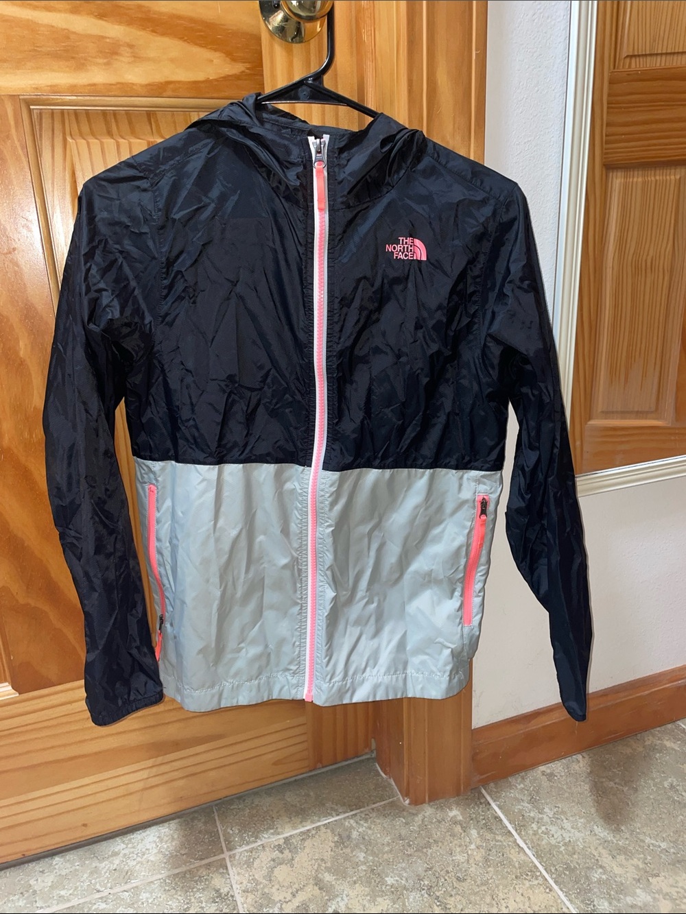 The North Face Kids Black & Light Gray Hooded Rain Jacket with Pink Zippers